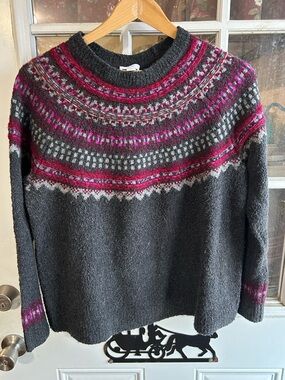 J. Jill Dark Gray Crewneck Sweater with Pink Fair Isle Yoke
